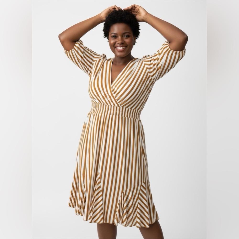Elegant Mustard and White Striped Midi Dress